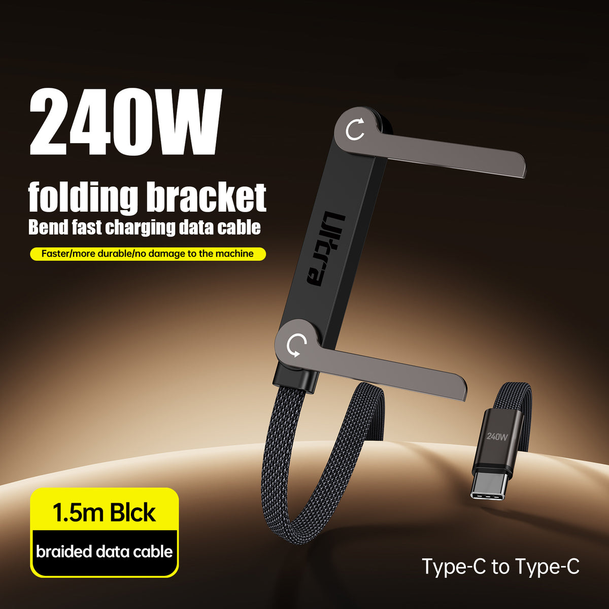 Hot Sale 240W Folding Bracket Weaving Bend Fast Charging Data Cable Type C to Type C 1.5M Zinc Alloy PD Cable with Phone Holder