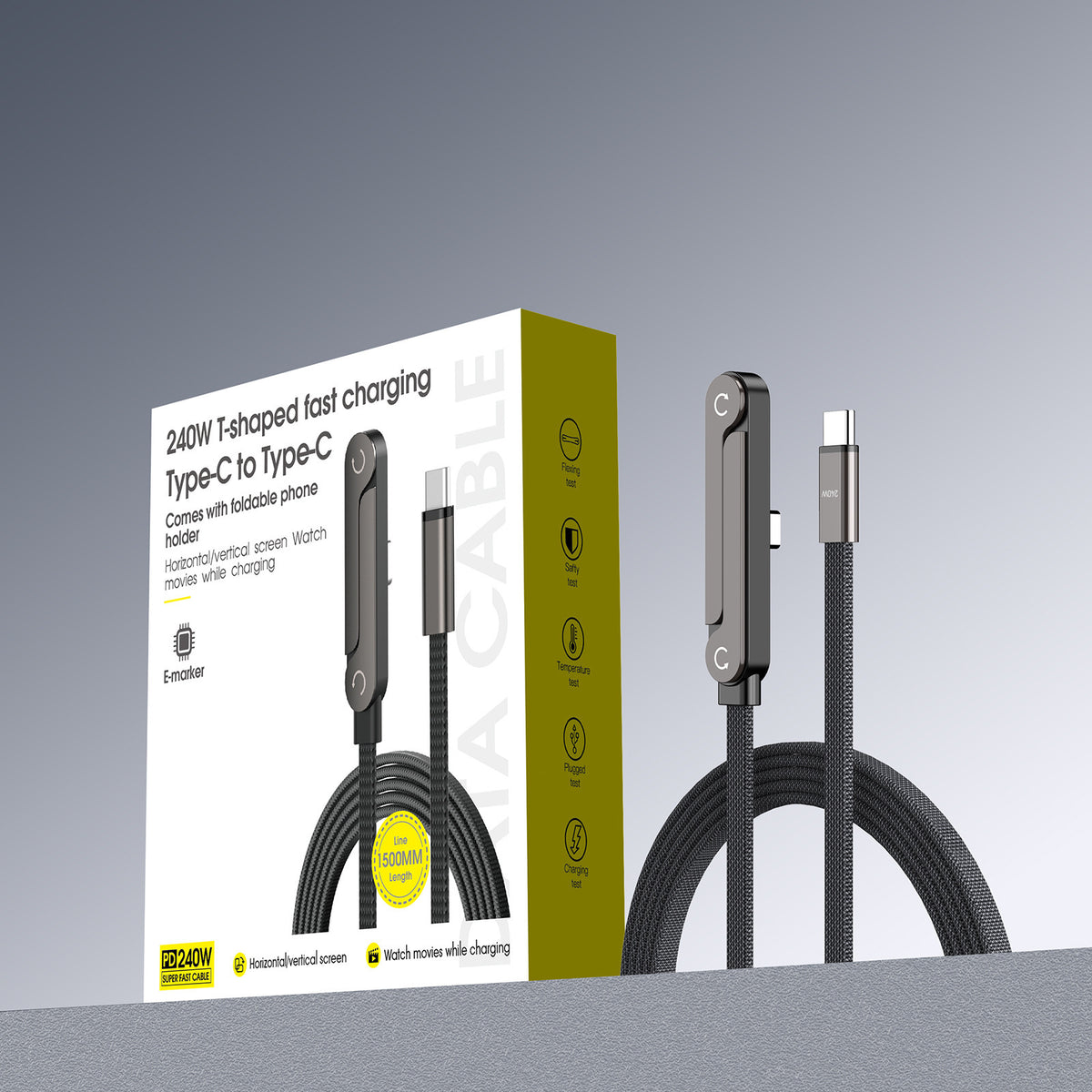 Hot Sale 240W Folding Bracket Weaving Bend Fast Charging Data Cable Type C to Type C 1.5M Zinc Alloy PD Cable with Phone Holder